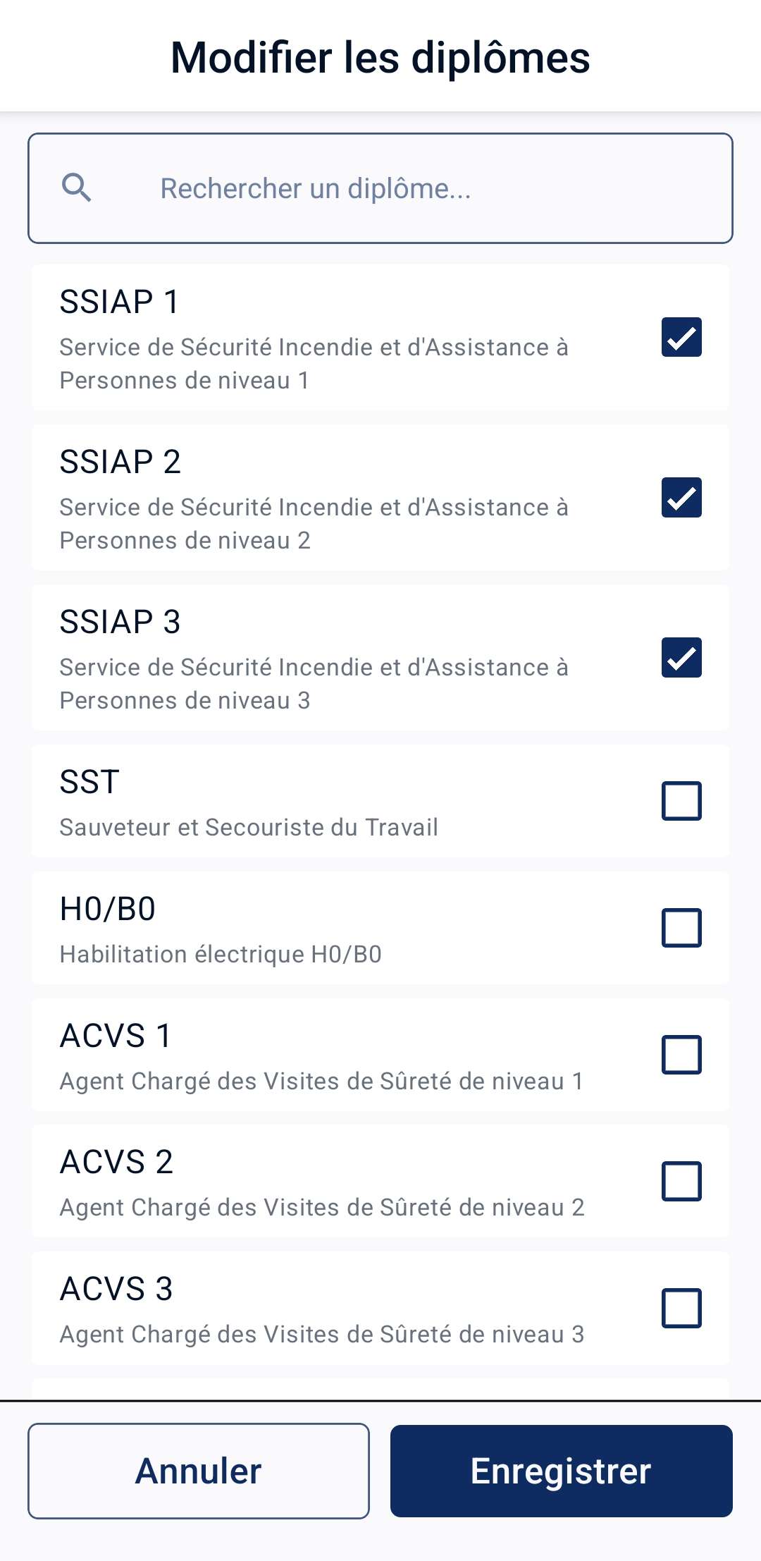 Capture d'écran de la section de modification des diplômes sur l'application SeekGuard